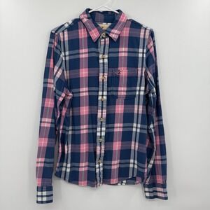 Men's Hollister blue/pink plaid button up flannel -‎ size medium